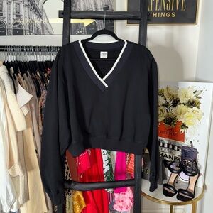 Pink Victoria’s Secret Black V Neck Cropped Sweatshirt Womens XL EUC Sporty Prep